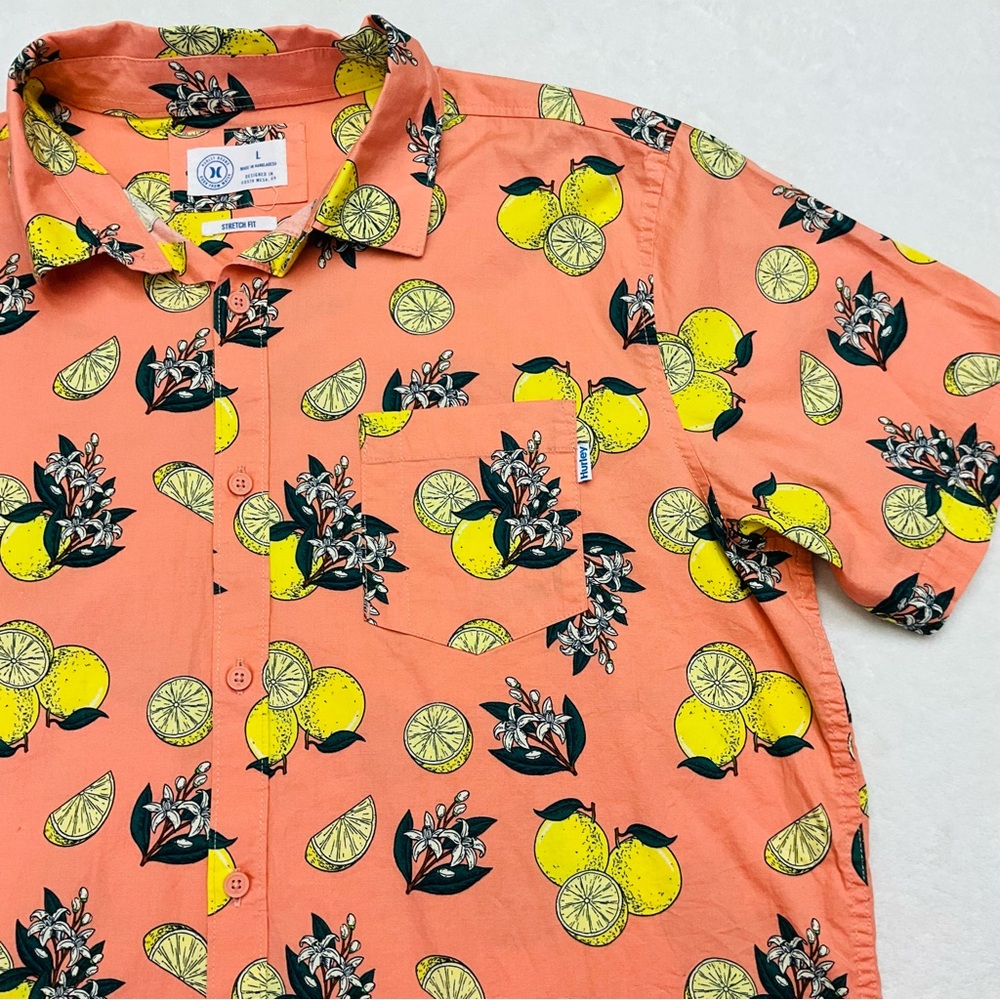 HURLEY Orange Lemon Floral Short Sleeve Casual Button Down Shirt Men’s Large